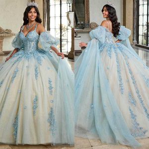 Illusion Quinceanera Dresses Sweetheart Spaghetti Straps Removable Sleeves Tiers Ball Gown Tulle Appliques Lace Up Evening Prom Gowns