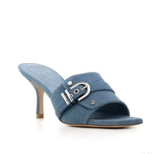 Gratis frakt 2024 Nya damer Real Leather High Heel Square Toe Shoes Party Jean Denim One Line Wedding American Europe Buckle Shoes Slipper Rivets Sandaler Storlek 34-43