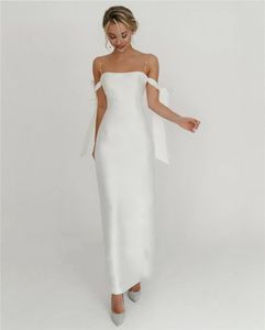 2024 Sheath Wedding Dress Off the Shoulder Beading Pearls Straps Ankle Length Satin Bridal Party Gown Vestidos De Novia Customed