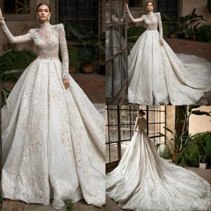 2020 nowe luksusowe suknie ślubne Wysokie szyję długie rękawy Fulle koronki koraliki Tiul Suknie ślubne Sukienka Vestido de Noiva 3302