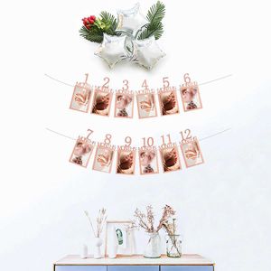 Banners Streamers Confetti Rose Gold 1 to 12 Months Photo Frame Paper Banner 1st Birthday Party Decoration 1 Year Old Baby Girl First Birthday Supplies d240528