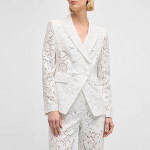 2024 Summer White Lace Suit Women's Two Pieces Pants Designer Lapel Neck Women's Jacket och långa byxor 2 stycken 52819