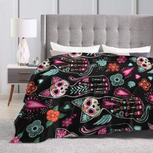 Regali coperta di Halloween, Giorno del gatto morto gattino Sugar Skull Brow Coperi di flanella leggera morbida per divano del letto