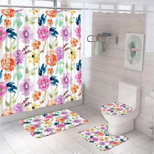 Duş perdeleri pembe mor çiçek perde seti suluboya çiçek kız sanat banyo kaymaz banyo mat halı halı tuvalet kapak kapağı