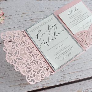 50pcs Wedding Invitations Card With Envelopes Floral Heart Invite Holder Bridal Shower Mariage Birthday Party Supplies Custom