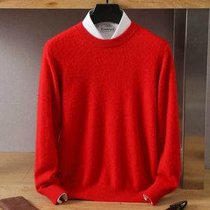 Herrtröjor Autumn/Winter New Mens 100% Mink Cashmere Cold Resistant Clothing Round Neck Solid Color Pullover Warm tröja Q240527