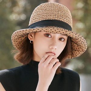 Güneş şapkası kadınlar için plaj şapkaları kadınlar yaz dantel dikişli kağıt çimen sombrero nefes alabilen güneş koruma balıkçı şapkası 240528