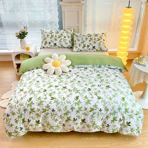 2/3pcs Set Green Flower Print Duvet Cover with Pillow Case Nordic Comforter Bedding Set Quilt Cover Queen/King Double Bed 240524