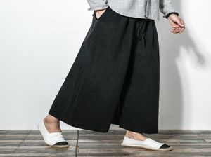 Mężczyźni nowe bawełniane lniane spodnie szeroko nóg w stylu Japoński Kimono Mężczyzna moda swobodny luźne luźne wygodne spodnie spódnice Y1905094618542