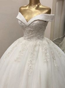 New Designer Wedding Dress Glitter Sweetheart Crystal Beads Lace Appliques Tulle Puffy Bride Bridal Gowns Arabic Dubai Vestidos De Noiva