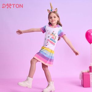 DXTON NOWOŚĆ SUKIENKI KRÓTKOWEGO SUKIENIKA SUMESOWE KOUTED KIĘDZY Rainbow Dzieci bawełniane sukienki aplikacji dziewczyna kostium 3-12Y L2405
