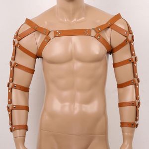 Bälten Mens Sexiga burade kropp Muskel Harness Top Gothic Punk Leather Restraints Strap Costume Clubwear Cosplay Shoulder Chest Belt Armors 260U