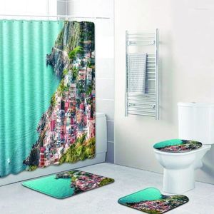 Cortinas de chuveiro cenário da cidade de mar 4pcs/conjunto de cortinas Tapete de pedestal tampa de tampa do banheiro de tampa do banheiro Banheiro com 12 ganchos