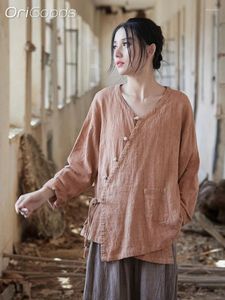 Blusas femininas quimono feminino linho algodão de manga longa Tops de verão chinês estilo japonês camisa fina tingra de tinta 2024 b216