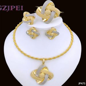Women Necklace Earrings Bracelet Ring Jewelry Set Two Tone Luxury Design 18K Gold Plated Dubai Party Jewelry Nigeria Trending 240522