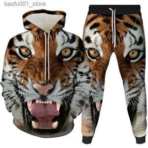 Studi da uomo per uomini Nuovi set di maglioni maschili Set di pantaloni con cappuccio vintage uomini Modello animale tigre stampato in 3D Y2K Studio di tracce di moda ventilata oversize Q240528