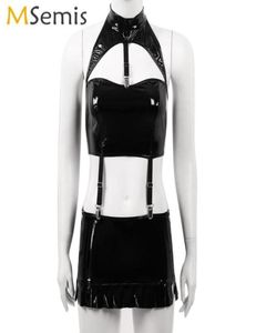 Women039S trosor kvinnor erotiska latex minikjol med halter utskärning grödor klubbkläder rave patent läder outfit sexig våt look b7824847