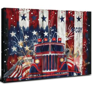 4th of July Canvas Wall Art Framed Wall Decoration Truck Gnomes Wall American Flag Star Red Stripes Aesthetic Wall Artwork Ready to Hang Wall Pictures for Living Room