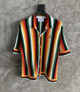 2024ss Casablanca New Rainbow Vertical Stripe Shirts Knitted Short Sleeved Sweater Shirt Men Casual Summer Shirt Casablanc