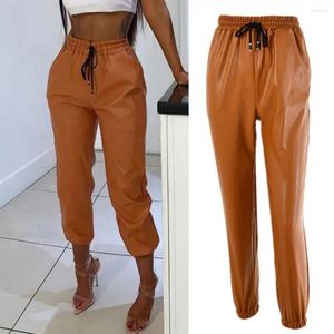 Women's Jeans Vintage Drawstring PU Leather Joggers Pants High Waist Solid Color Women Trousers Elastic Long Ladies Clothing