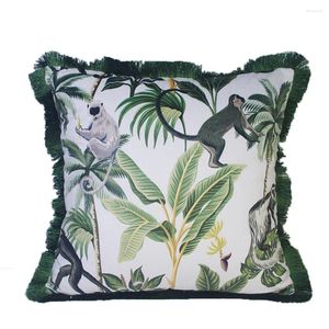 Pillow ESSIE HOME Tropical Animal Monkey Banana Tree Palm Digital Print Velvet Cover Case With Gold Tassel