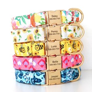 Personalized Nylon Dog Collar Flower Bee Printed Puppy Collars Free Custom Pet ID Necklace For Small Large Chihuahua 240528