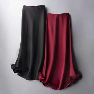 Saias saia midi de seda para mulheres verão elegante cetim de cor sólida saias de linha A com cintura alta saia feminina y240528