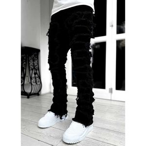 Mens Jeans Regular Fit Stacked Patch men Distressed Destroyed Straight Denim Pants Streetwear Clothes Casual Jean black white