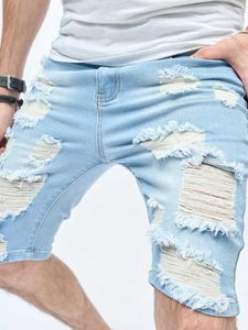 Homens de verão calça de joelho com tassel shorts angustiados jeans machos machos rasgados bodybuilding casual skinny diariamente slim fit calças curtas 240527