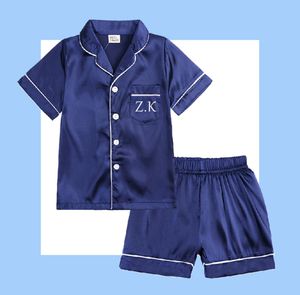 Toddler Boys Girls Custom Silk Pajamas Ubrania Dzieci Solidne spersonalizowane piżamy z krótkim rękawem 2PCS Dzieci Druk PJS Zestaw 2206214116187