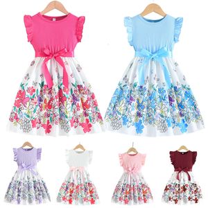 2024 Summer Dress Kids Girl Clothes Flower Butterfly Patchwork Flying Sleeve Birthday Party Baby Girls Dresses 2 4 6 8 10 Years