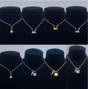 Designer Necklace Classic Letter Lock Key Pearl Charm Pendant Necklace Statement 316L Stainless Steel Sweater Chain Necklace Chokers For Women Designer Jewelry