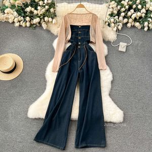 Elegant denim stropplös jumpsuit med feminin stil knapp upp smala passform långa breda benbyxor+solskyddsskjorta