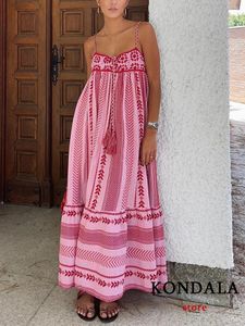 コンダラボホーフラワープリントニットコルセットロングキャミドレス女性蝶ネクタイ刺繍フリルビーチドレスファッションサマードレス240524