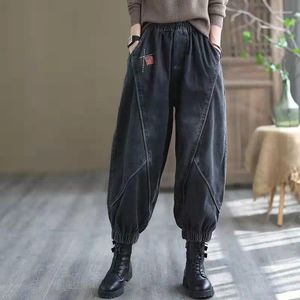 Kvinnors jeans denim harem byxor kvinna baggy för kvinnor broderi elastisk hög midja indie folk mujer kvinnlig t942