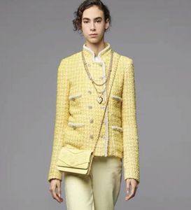 Wysokiej jakości wybiegu Kobiet Tweed Kurtka jesienna panie damowe podwójne piersi przyciski kryształowe kpop żółte kurtki w kratę płaszcz 2010147696094