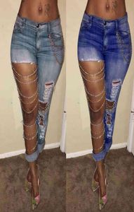 2021 Ladies Fashion Cut Light Slim Chain Big Hole Denim Streetwear Potlood Broek Sexy Jeans1188891