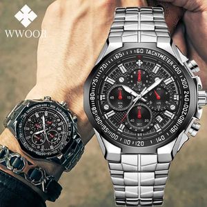 Wristwatches 2024 WWOOR Mens Top Luxury Black Wrist Fashionable Sports Chronograph Code Watch Steel Quartz Mens Reno Masculino T240524