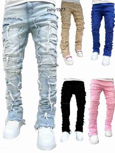Mens Jeans Regular Fit Stacked Patch Distressed Destroyed Straight Denim Pants Streetwear Clothes Casual Jean