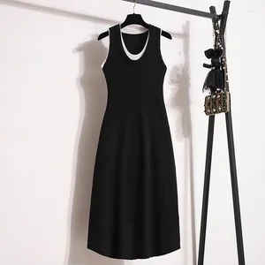 Vestidos casuais tricotados tanque longo para mulheres primavera feminino o pescoço sem mangas preto tamanho grande uma linha contraste de contraste vestidos