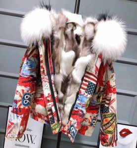 Winter Parkas 2018 New Thicken 따뜻한 따뜻한 추상 프린트 재킷 진짜 모피 내부 대형 모피 칼라 겨울 재킷 코트 여성 7240804