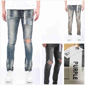 Lila jeans designer för mens vandring byxa rippade hiphop high street mode varumärke pantalones vaqueros para hombre motorcykel broderi nära montering gg8i