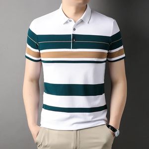 Summer Mens Fashion Polo Shirt High Quality Striped Shirt Polo Short Sleeved Casual Button Shirt Men Clothing Senior Tops 240515