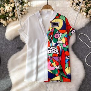 2023 Summer Korean Design Short sleeved Abstract Pattern Spliced V-neck Single breasted Shirt Womens Casual Top