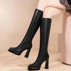 Boots 2024 Platform Pumps Shoes Women Hollow Genuine Leather High Heel Knee Female Round Toe Gladiator Sandals Casual