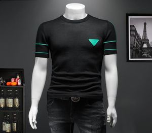 Spring 2022 New Trend Round Neck Men039s Tops Short Sleeve Knit TShirts Fashion Stretch Stitching Printed Bottoming Shirts2317726