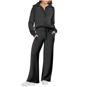 نساء من قطعتين سراويل غير رسمية متماسكة من قطعتين مجموعة الخريف/الشتاء مجموعات 2024 Sports Zip Long Sleeve Sweater Lace Up
