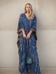 Sexig Boho Blue Rands Print Plus Size Vneck Side Split Kaftan House Dress 2024 Womens Summer Beach Coverups Loose Robe Q1218 240518