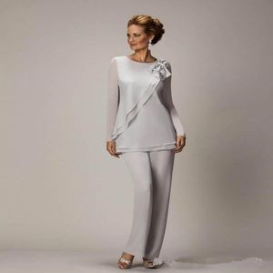 Elegant Plus Size Silver Mother's Pants Suit For Mother of The Bride Groom Chiffon Wedding Party Dress 2742