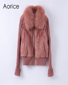 Aorice New Fashion Design Fox Fur Collarl Lady Real Rabbit Fur Coat with Nylon Sleeve CT1381201371